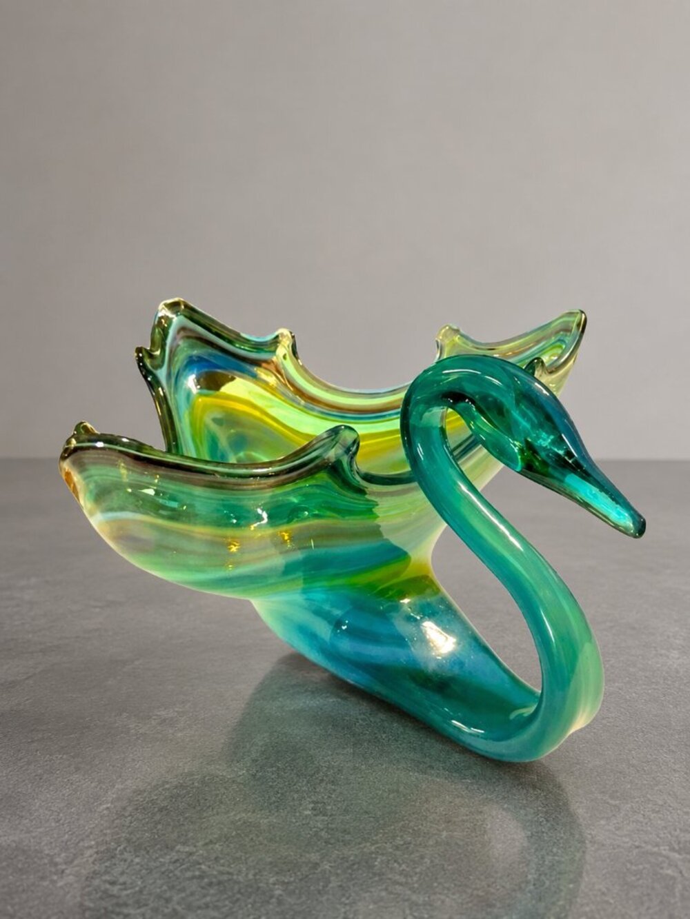 1970s Vintage MCM Blue Green Hand Blown Art Glass Swan Bowl 12"